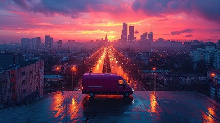 A delivery van parked against a vibrant skyline, symbolizing efficiency and reliability in every journey. - obrazy, fototapety, plakaty