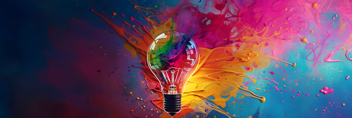 Light bulb with colorful paint splatters,A colorful light bulb is being turned into a colorful explosion.
 - obrazy, fototapety, plakaty