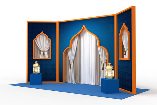 3d illustration stand booth backdrop photo wall of fame islamic ramadan ied decoration with curtain windows and lantern blank space logo company for event exhibition. Image background isolated.