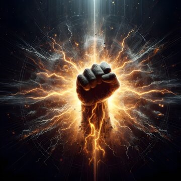 Conceptual image of power and strength as a powerful human fist breaking through the darkness as a symbol of strength and power.	