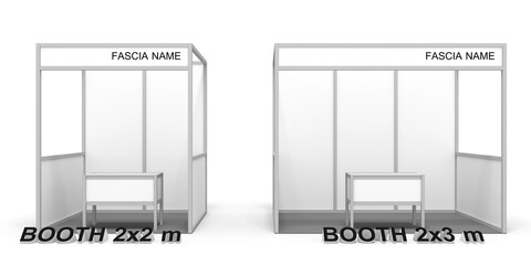 3d illustration stand booth size 2x2 m and 2x3 m with table and blank space fascia name for event exhibition. Image background isolated.