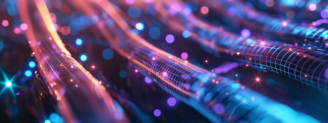 Glowing data fiber optic cables light while transferring data information, technology background.
 - obrazy, fototapety, plakaty