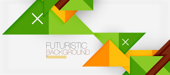 A futuristic design featuring colorfulness with green and orange triangles on a white background. The product showcases symmetry, patterns, and sleek lines