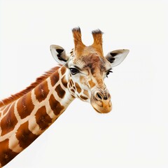 A giraffe is looking at the camera with its head tilted