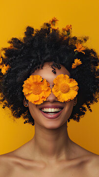 woman with marigolds flowers over her eyes, beehive hair with gap tooth, yellow background