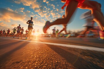 Marathon running race, people feet on city road at sunset. - Powered by Adobe