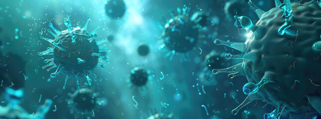 Virus background, Flu, viruses, and bacteria shape against the background. Close-up of virus cells or bacteria - obrazy, fototapety, plakaty
