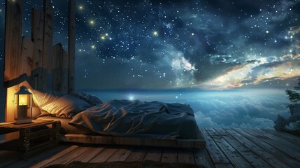 Cozy bed under a starry night sky, moonlight casting gentle shadows for a peaceful night's rest