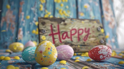 Colorful holiday eggs in the background with a sign wishing Happy Easter