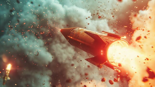 Close-up of a missile launcher as it fires a salvo into the sky, capturing the fierce moment of launch