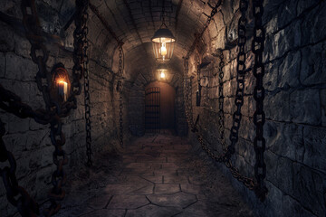 A dark, narrow tunnel with chains hanging from the ceiling - obrazy, fototapety, plakaty