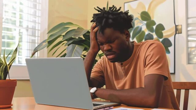 A man sitting at a laptop, head in hands, appears dejected and stressed, his expression gloomy. Houseplants and a window behind him suggest an indoor setting. 