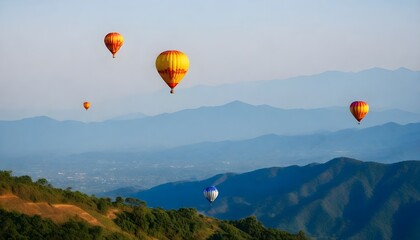 Colorful-hot-air-balloons-flying-over-mountain-at-Dot-Inthanon-in-Chiang-Mai--Thailand