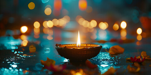 A close-up of a Diya the flame flickering in the darkness, Diwali stock images, realistic stock  lit on the ground with colorful lights. - obrazy, fototapety, plakaty