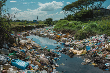 A large pile of plastic bottles and other trash is floating in a river