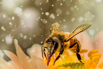 A bee is standing on a flower, with snowflakes falling around it