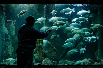 A man is feeding fish in a large aquarium