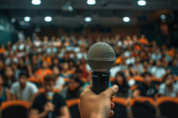 A microphone is held up in front of a crowd of people - obrazy, fototapety, plakaty
