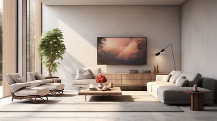Modern Living Room Interior With Television Set Sofa Armchair Floor Lamp And Coffee 