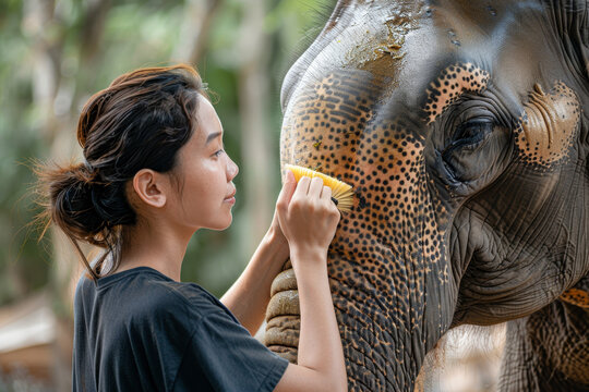 A woman is brushing an elephant's trunk