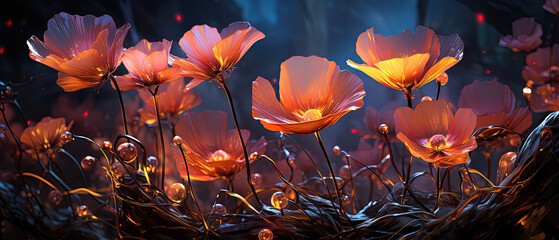 flowers in a field with a dark background and a light shining on them