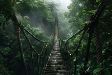 A bridge over a forest with a rope hanging from it - obrazy, fototapety, plakaty