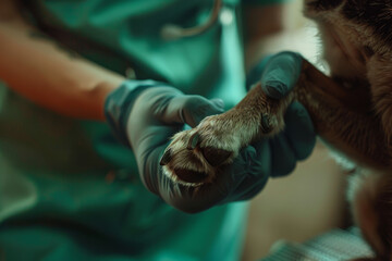 A veterinarian is holding a dog's paw and examining it