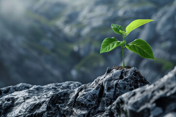 A small green plant is growing in a rocky area - Powered by Adobe