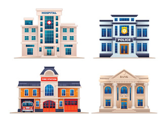 Set of city buildings. Hospital, police station, fire station and bank. Vector illustration