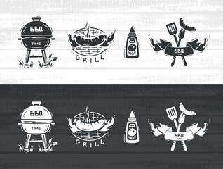 BBQ Party Time Vector Set. Grill Barbecue Food. Portable Charcoal Grill. Grilled Sausage with Fire Flames. Tomato Ketchup Bottle. Ribbon Banner with Sausage on a Barbecue Fork with Spatula.