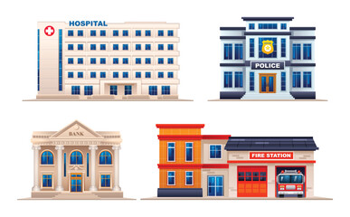 Set of city buildings. Hospital, police station, bank and fire station. Vector illustration