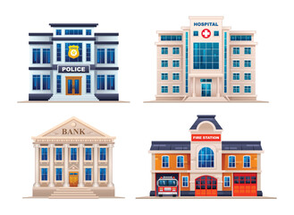 Set of city buildings. Police station, hospital, bank and fire station. Vector illustration