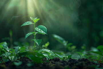 A small green plant is growing in the dirt