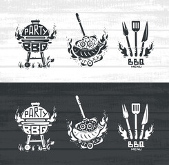 BBQ Time Vector Set. Grill Barbecue Party. Portable Charcoal Grill with Fire Flame. Seafood. Grilled Fish and Vegetables. Barbecue Fork, Spatula, Knife. Black and white Vector illustration. 