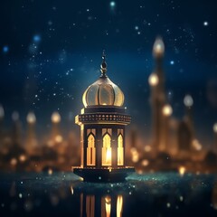 Fototapeta na wymiar Eid mubarak and ramadan kareem greetings with islamic lantern and mosque. Eid al fitr background