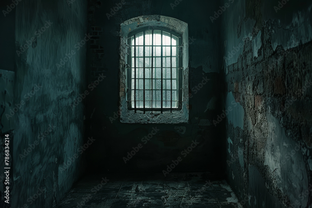 Poster a dark, empty cell with a barred window