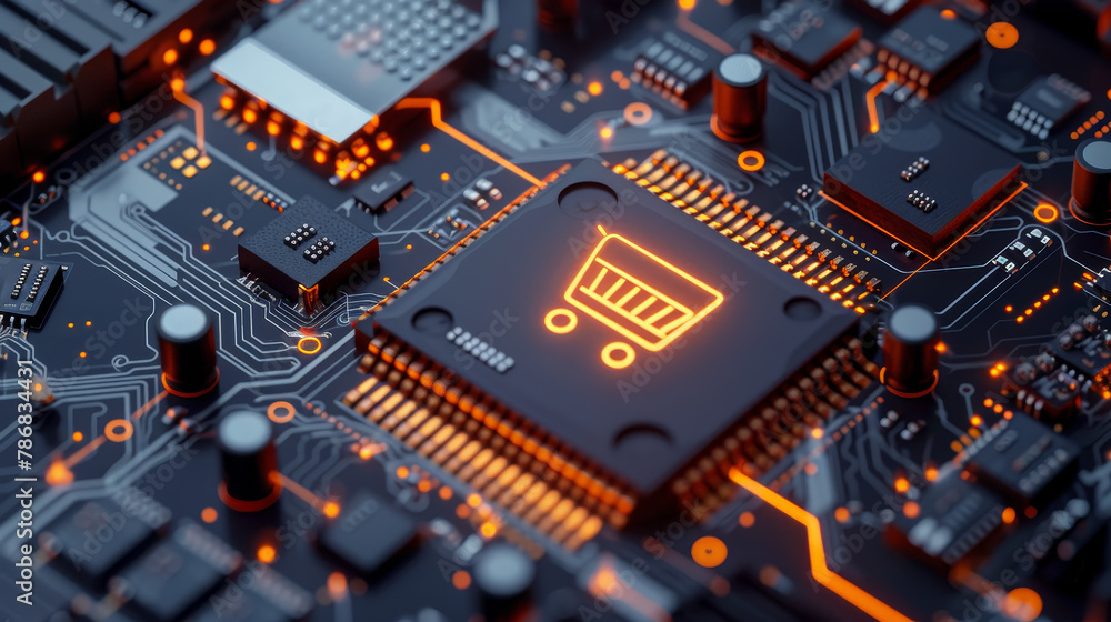 Poster a computer chip with a shopping cart on it