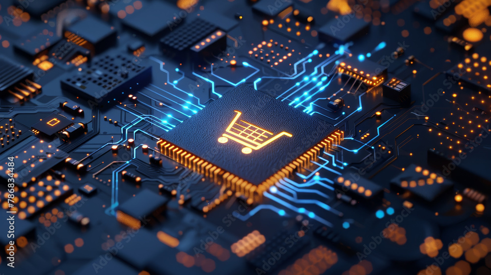 Poster a computer chip with a shopping cart on it