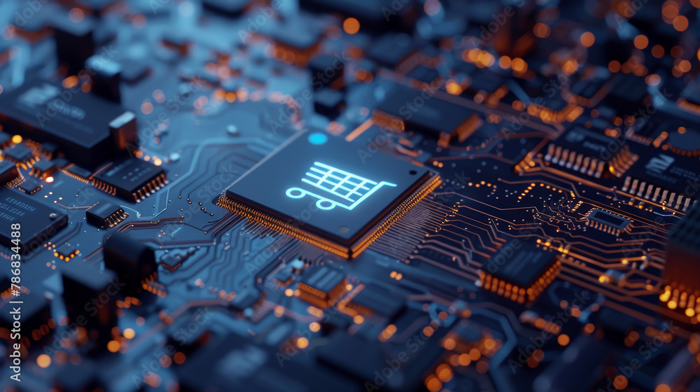 Poster a computer chip with a shopping cart on it