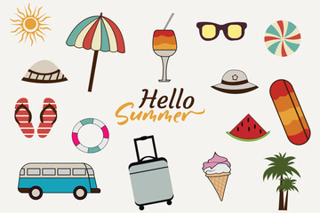 Summer vacation hand-drawn doodle elements. Summer sticker collection isolated on flat background.