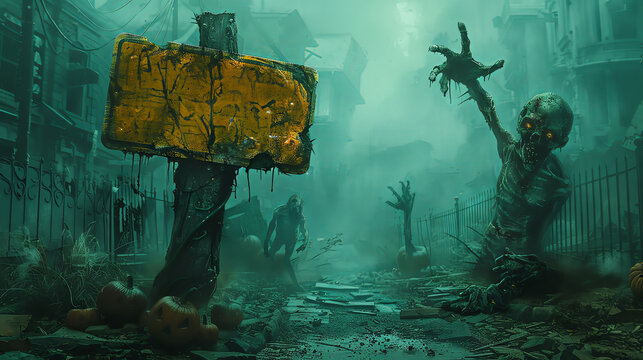 Halloween theme with zombie hands and sign, clear backdrop,