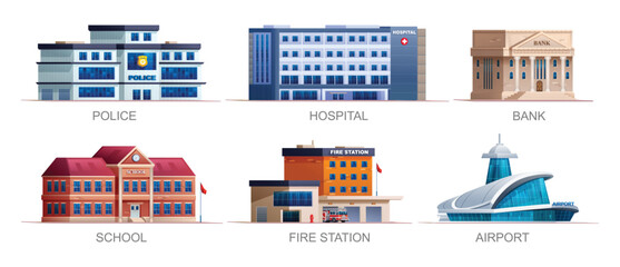 Set of city buildings. Police station, hospital, bank, school, fire station and airport. Vector illustration
