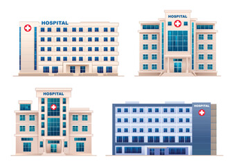 Collection of hospital buildings. Vector cartoon illustration isolated on white background