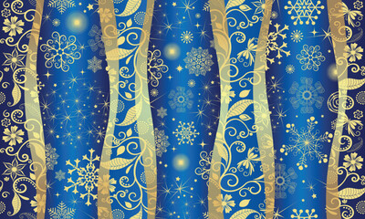 Christmas vector seamless handwork pattern withs golden snowflakes  and wavy strips