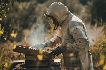 A beekeeper is working in a field with a box of bees