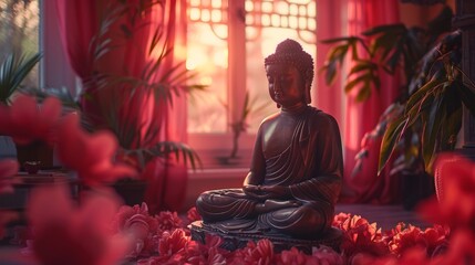 Bronze Buddha on a table under gentle pink light in a peaceful home. Moment of meditation and...