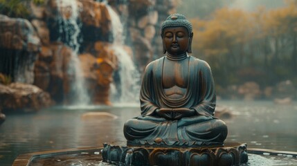 Bronze Buddha on a table in a misty environment, illuminated by faint gray light. Meditation and serenity. 