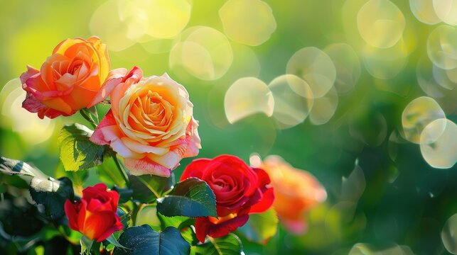Close up image of colorful roses in bloom in a garden with green background card with room for text