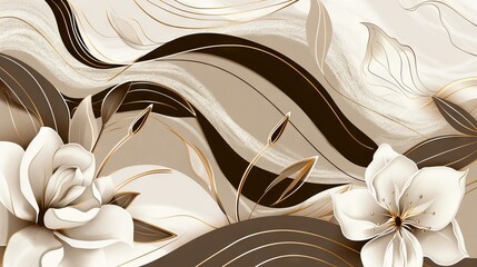 Abstract wave pattern design. Elegant floral and modern abstract with flowing waves, interspersed with delicate leaf patterns and sprinkled with dots