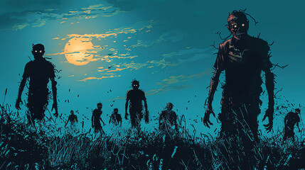 Nightmarish zombie silhouettes, clear and open sky, - obrazy, fototapety, plakaty